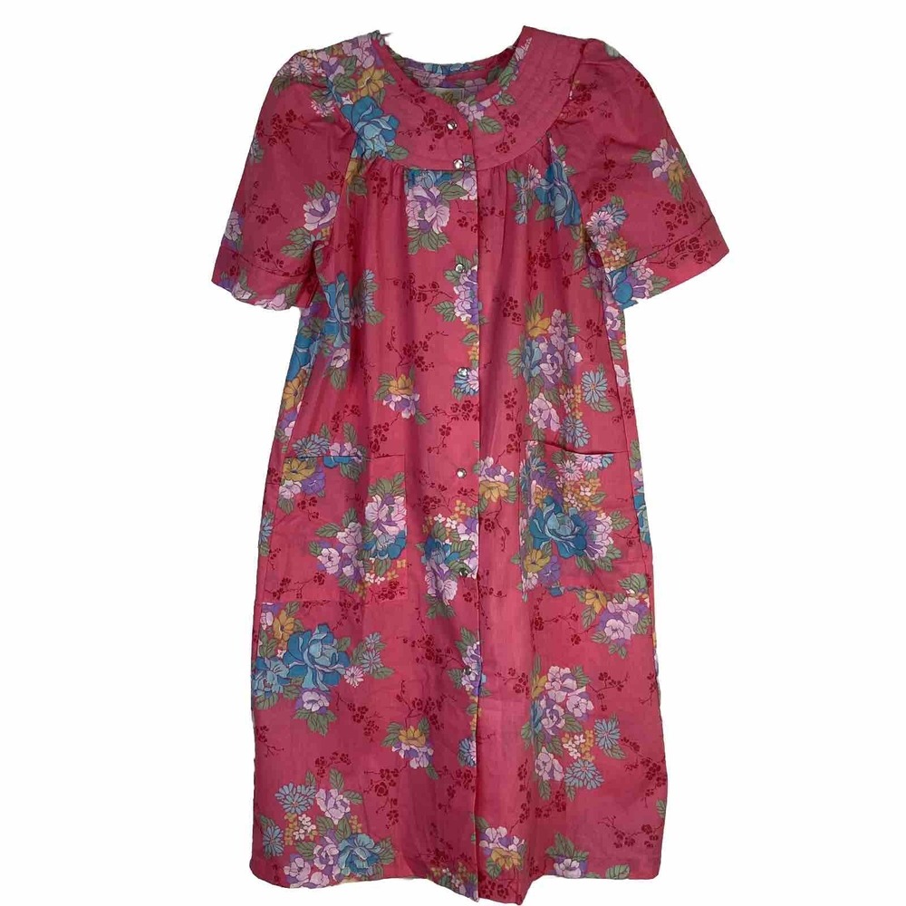 Vintage Katz Pink Floral Housecoat PJ's Pearlized Snaps Short‎ Sleeve Woman Sz S